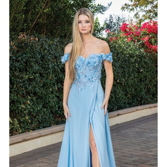 New Off Shoulder Long A-Line Floral Dress w/ Leg Slit & Lace Up Back DQ 4268 - Picture 3 of 9